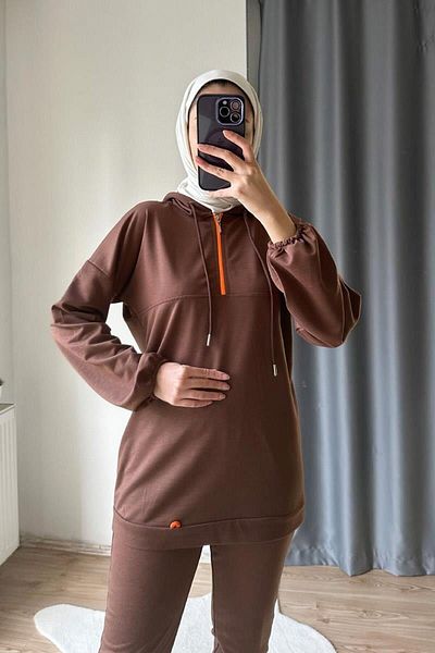 BurcuFashion Σετ φόρμας νέον με κουκούλα - με φερμουάρ, καφέ TRN2040-1