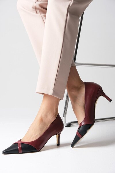 Mio Gusto Felice Women's Heeled Shoes - Claret Red Black, Blunt Pointed Toe