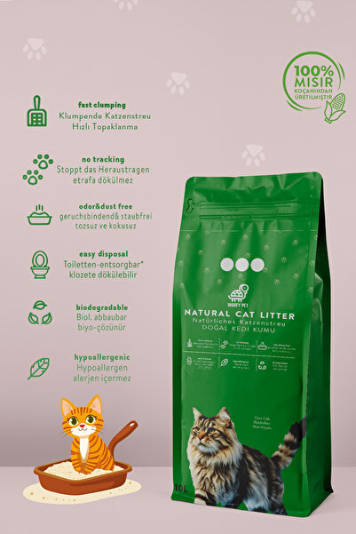 Woofy Mısır Koçanından Doğal Topaklanan Tozsuz Kedi Kumu 10lt