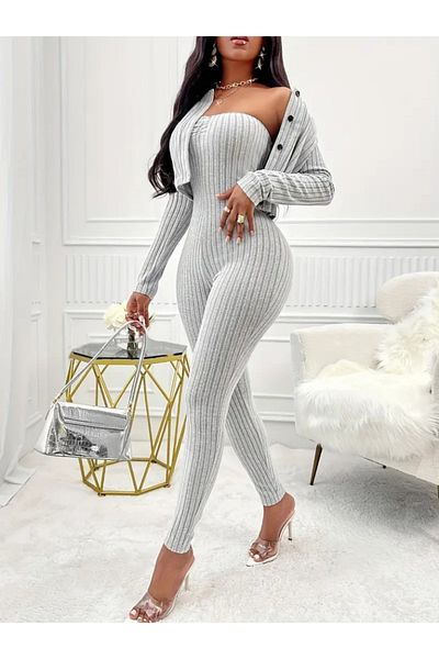 Viyamo Women's Long Sleeve Hooded Camisole Strapless with Short Front Button down Jacket Double Suit
