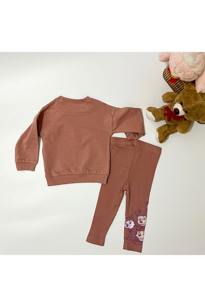 BOBİŞKO BABY Bebi̇too Baby Girl Cotton Printed Ear Detailed Ribbed Tights Set