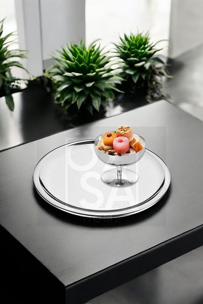 ÖzSa Home Presentation Set for 6 People Steel 21cm Round Tea Coffee Serving Presentation Tray and Turkish Delight Bowl Ice Cream