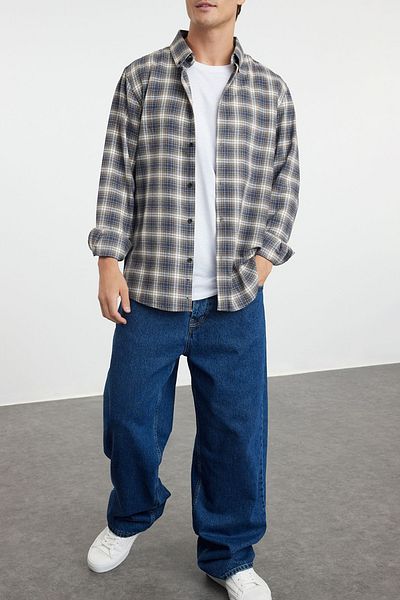 Edit by Trendyol Kariertes Indigo Lumberjack-Flanellhemd – Unisex, reguläre Passform TMNAW25GO00007