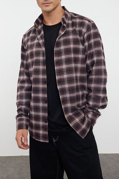 Edit by Trendyol Burgunderfarbenes Unisex-Holzfällerhemd mit Karomuster für den Winter – normale Passform TMNAW25GO00007