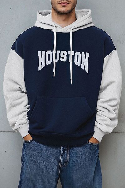 Edit by Trendyol Námořnická modrá oversize/široký střih Houston Text Potištěná pánská mikina s kapucí Tedaw25Sw00079