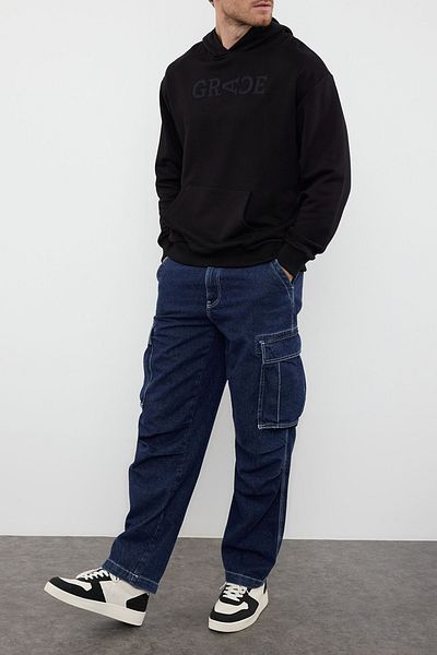 Edit by Trendyol Schwarzes Unisex-Jeans-Sweatshirt in Übergröße – Kapuze, Patch, Slogan TMNAW25SW00140