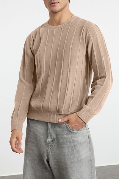 Edit by Trendyol Bézs kötöttáru Slim Fit férfi pulóver - TMNAW25KZ00066