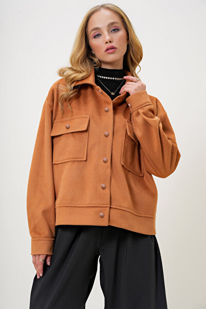 Trend Alaçatı Stili Women's Tan Lined Double Pocket Stamp Jacket Alc-X13269