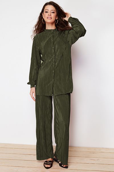 Trendyol Modest Khaki Pleated Knitted Bottom-Top Suit Tctss24Us00040