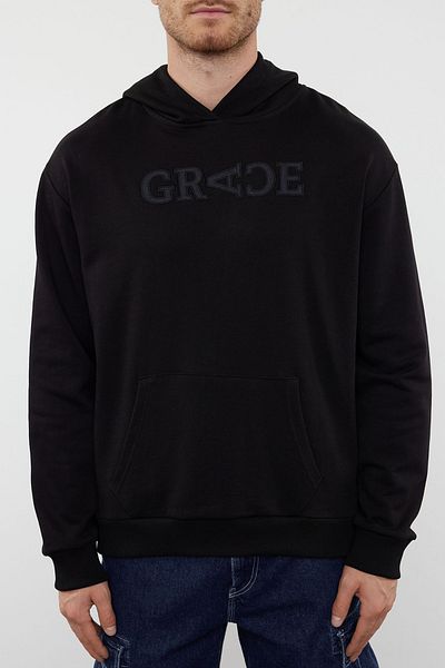 Edit by Trendyol Schwarzes Unisex-Jeans-Sweatshirt in Übergröße – Kapuze, Patch, Slogan TMNAW25SW00140