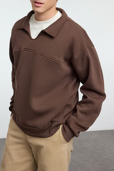 Edit by Trendyol Tmavohnedá oversize/široký strih mikina Polo golier Couple Fleece Inside Tmnaw25Sw00021