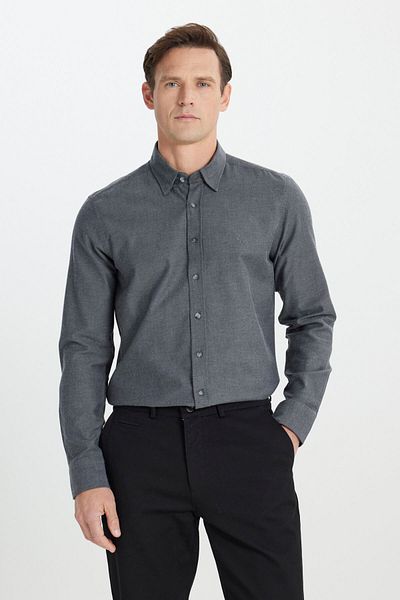 ALTINYILDIZ CLASSICS Men's Anthracite 100% Cotton Flannel Slim Fit Slim Fit Hidden Button Collar Shirt
