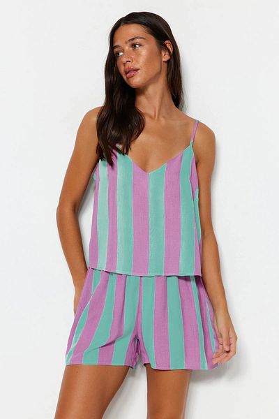 Trendyol Collection Wielokolorowy zestaw piżam z plecionej wiskozy w paski THMSS23PT00225