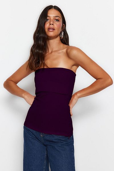 Trendyol Collection Στράπλες κρεπ μπλούζα - δαμάσκηνο, φερμουάρ στο πλάι, πλεκτό, TWOSS23BZ00928
