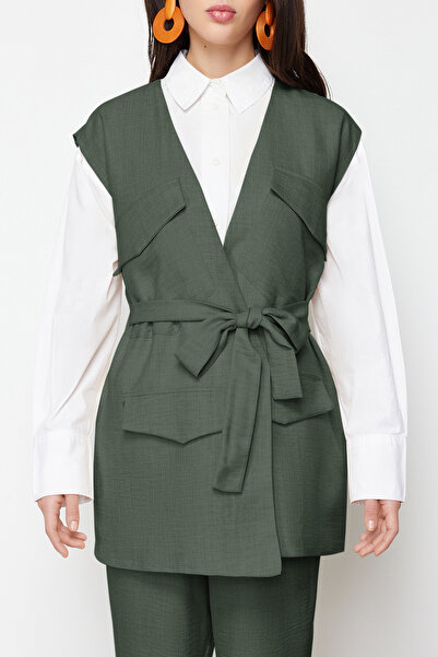 Trendyol Modest Khaki Linen Woven Vest and Trousers Set - Tctss24Us00023