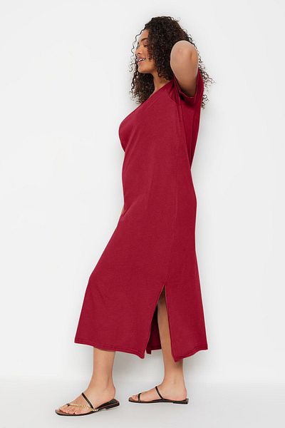 Trendyol Curve Κόκκινο Vkaka Slit 100% βαμβακερό πλεκτό φόρεμα μεγάλου μεγέθους TBBSS22AH0163