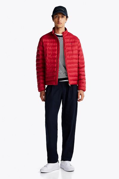 Tommy Hilfiger Men's Quilted Regular Fit Hooded Puffer Red Jacket Mw0Mw37634-Xit
