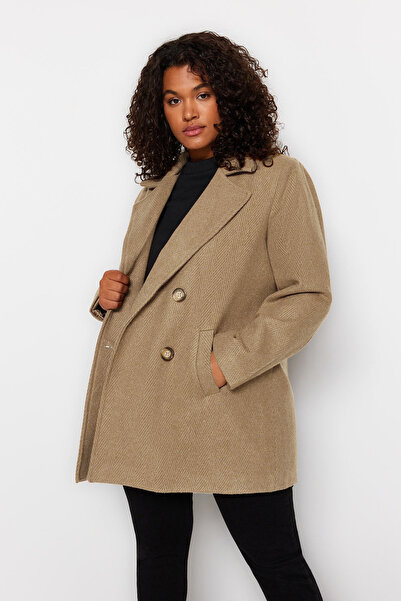 Trendyol Curve Halszálkás mintás világosbarna bélyegző kabát - normál szabású, gombos - TBBAW24DD00008