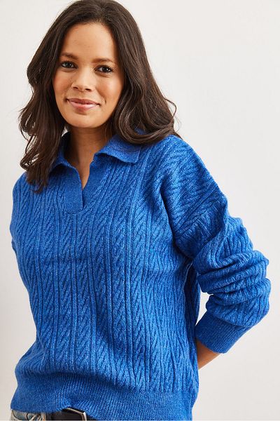Olalook Women's Saks Blue Polo Neck Hair Braided Knitwear Sweater Kzk- 19000881