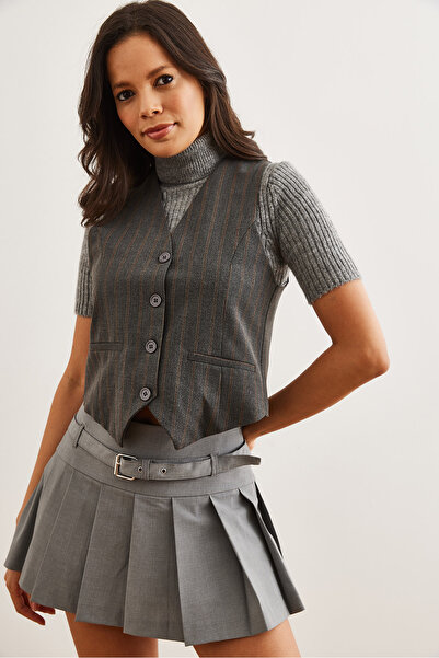 Olalook Women's Striped Gray Lined Fleto Pocket Woven Vest Ylk- 19000041