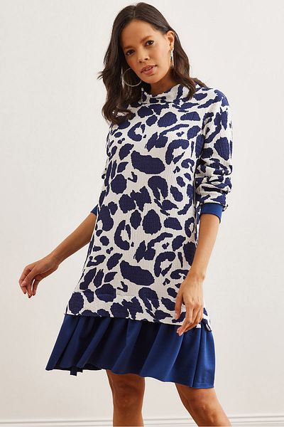 Olalook Women's Ecru Navy Blue Garnished Thessaloniki Dress Elb- 19000965