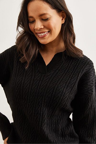 Olalook Women's Black Polo Neck Braided Knitwear Sweater Kzk- 19000881