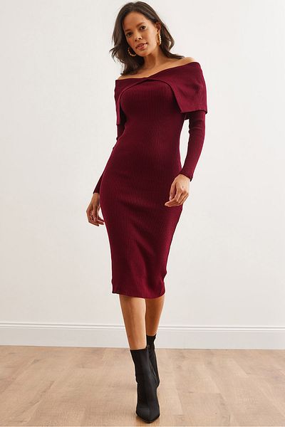 Olalook Rochie de damă bordeaux cu guler Madonna din tricot cu nervuri ELB- 19002330