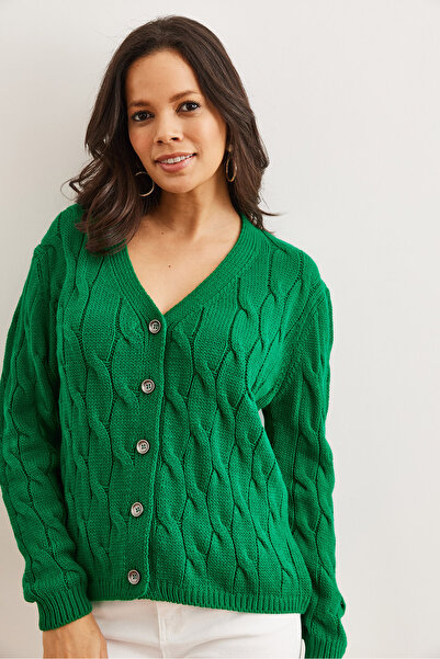 Olalook Women's Grass Green Hair Braided Knitwear Cardigan Hrk- 19000298