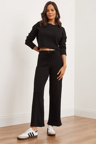 Olalook Women's Black Top Bat Blouse Bottom Lace up Pants Suit Tkm- 19000335