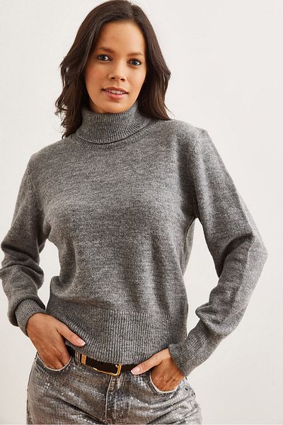 Olalook Pulover de damă gri cu gât țesut cu textura moale KZK- 19000897