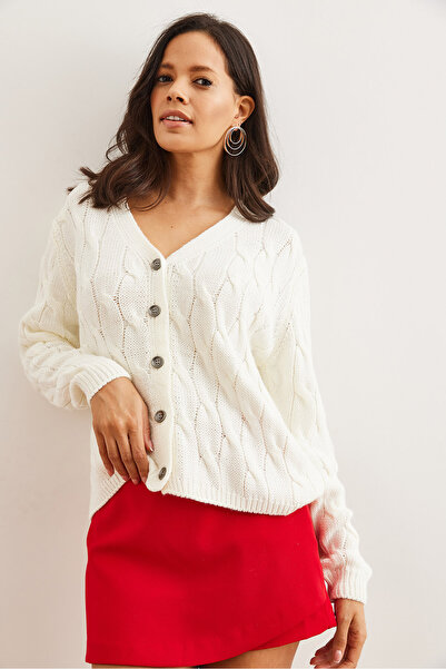 Olalook Women's Ecru Hair Braided Knitwear Cardigan Hrk- 19000298