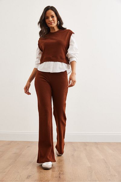 Olalook Women's Bitter Coffee Top Shirt Detail Blouse Bottom Spanish Leggings Suit Tkm- 19000334