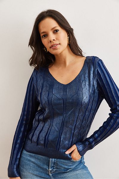 Olalook Marineblauer Damen-Strickpullover mit geflochtenem V-Ausschnitt in Marineblau KZK- 19000757