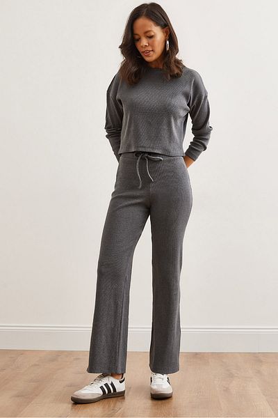 Olalook Women's Smoked Top Bat Blouse Bottom Lace up Pants Suit Tkm- 19000335