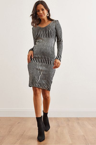Olalook Dámské stříbrné mini metalické úpletové šaty s žebrovaným výstřihem do V – 19002332