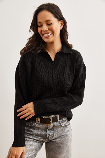 Olalook Women's Black Polo Neck Braided Knitwear Sweater Kzk- 19000881