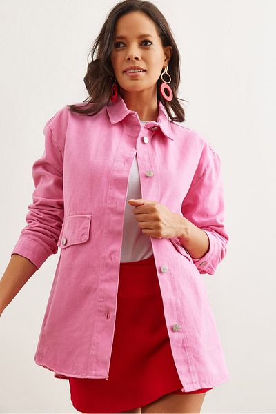 Olalook Women's Pink Hidden Pocket Cotton Gabardine Shirt Gml- 19001271