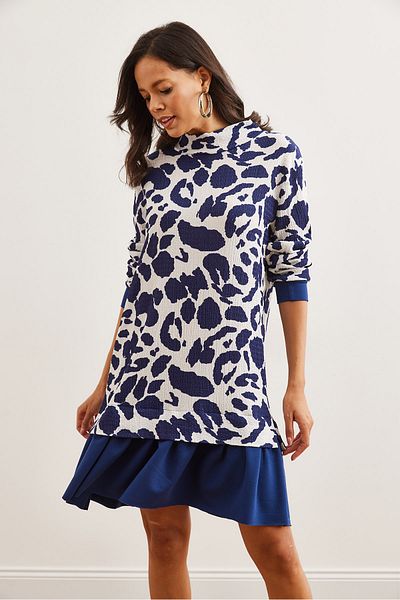Olalook Women's Ecru Navy Blue Garnished Thessaloniki Dress Elb- 19000965