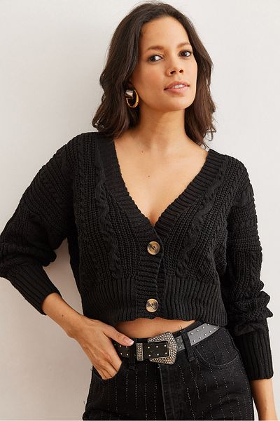 Olalook Cardigan negru pentru femei, cu 2 nasturi, ajurat, HRK- 19000331