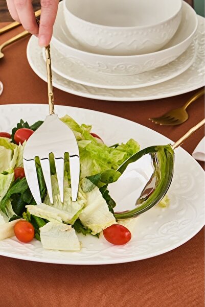 Karaca Home Leaf Gold Spoon and Fork Salad Serving Set