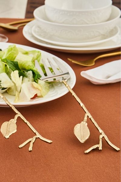 Karaca Home Leaf Gold Spoon and Fork Salad Serving Set