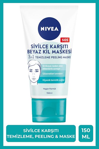 NIVEA 150ml 3in1 Anti-Acne White Clay Mask - Cleansing, Peeling, Mask and Pore Purifying
