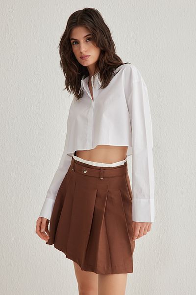Trendyol Collection Кафява мини тъкана пола с двоен колан и плисирани детайли Twoaw24Et00079