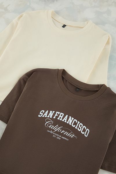 TRENDYOLKIDS Brown and Beige Knitted T-Shirt Set of 2 for Girl - Tkdss25Ts00014