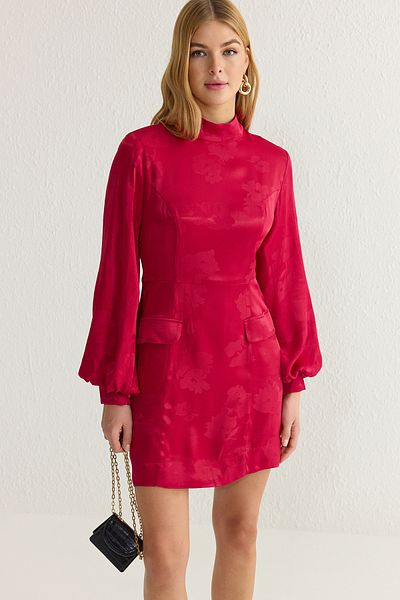 Trendyol Collection Rochie țesătă mini în linie A cu animale burgundy TWOAW25EL00475