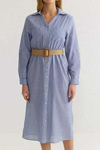 Trendyol Collection Midi pruhované tkané košilové šaty s modrým páskem Twoss25El00063