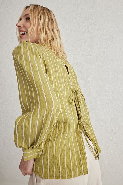 Trendyol Collection Koszula w paski w kolorze khaki z wiązaniem z tyłu i guzikami, regularny krój, tkana, Twoss25Go00104