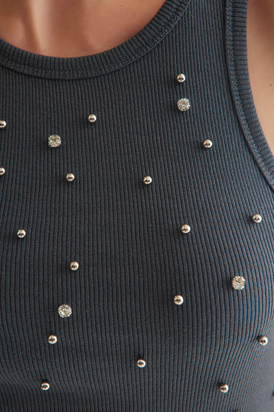 Trendyol Collection Anthracite Fitted/Body-Sitting Pearl Stone Knitted Undershirt Twoss25Al00003