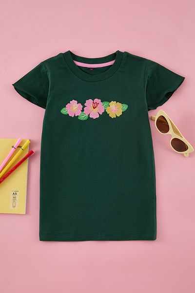 TRENDYOLKIDS Emerald Green Floral Knitted T-Shirt Tkdss25Ts00046