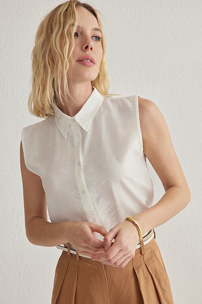 Trendyol Collection Λευκό μηδενικό μανίκι λινό look κανονικό κανονικό υφαντό πουκάμισο TWOSS25GO00097